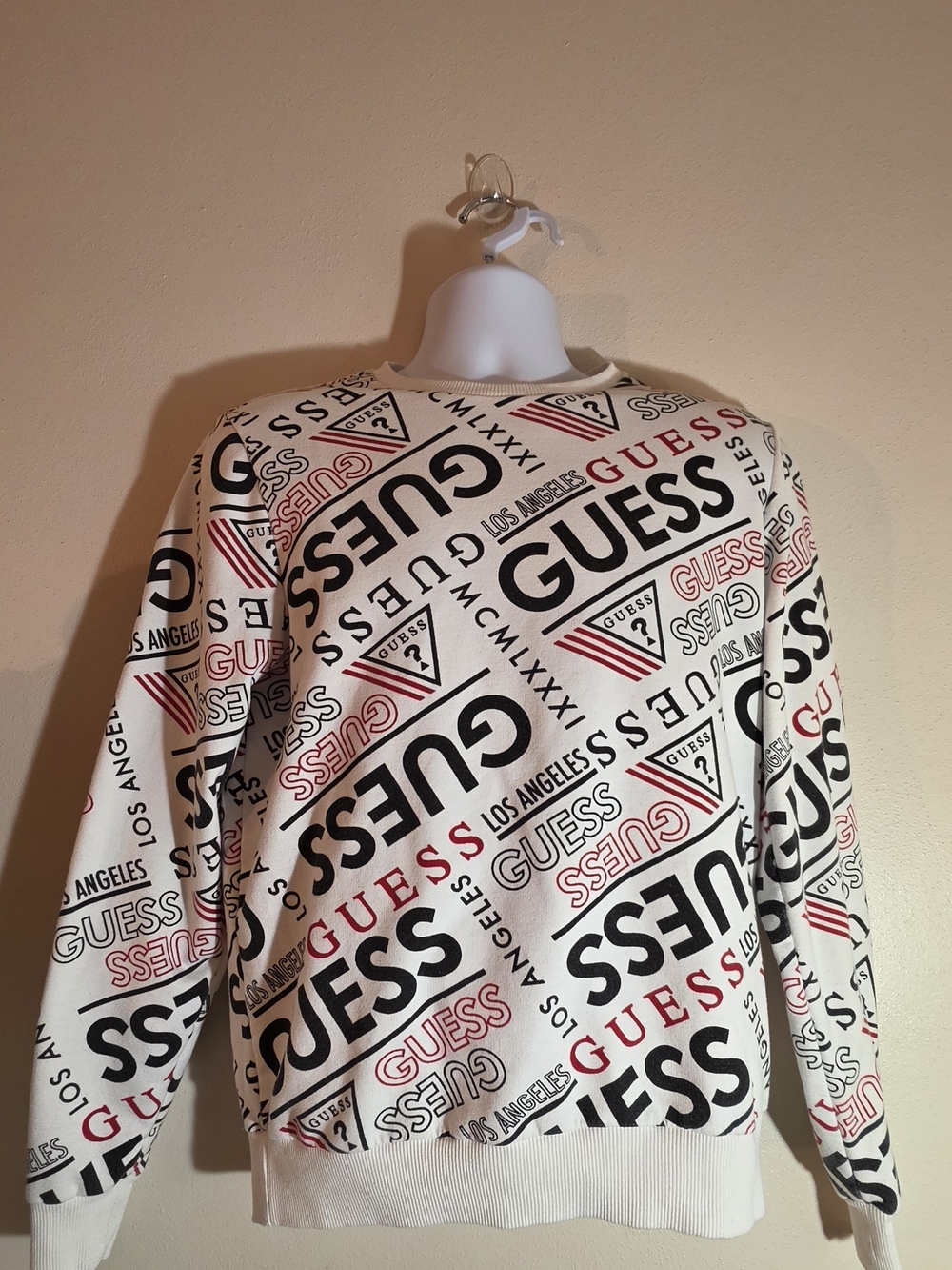 GUESS Logo Print Crewneck Sweatshirt - White with Black & Red